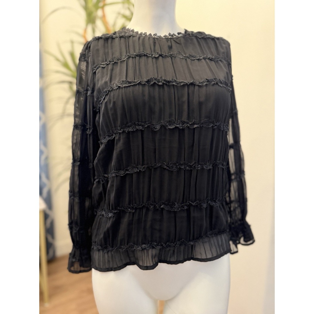 Elegant Black Chiffon Ruffle Top Blouse S/4/6 Career Cocktail Classy Old Money - Picture 2 of 14